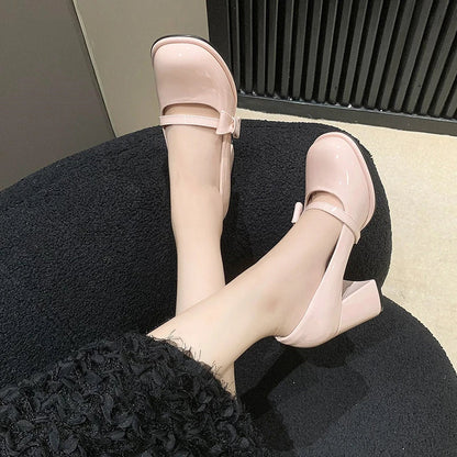 binfenxie  -    High Heels Mary Janes Women Cute Round Toe Patent Leather Pumps Woman Slip-On Square Heeled Bow Party Shoes Ladies