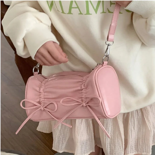 binfenxie Pleated Pink Women Shoulder Bag Bow Pillow Leather Sweet Elegant Fashion Handbag Gentle Casual Exquisite Ladies Armpit Bag