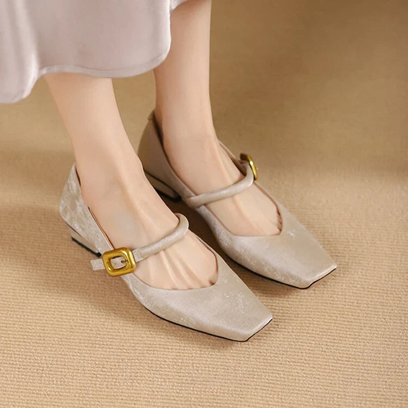 Futurecen  -  NEW Spring/Autumn Women Pumps Square Toe Chunky Heel Shoes Split Leather Shoes for Women Elegant High Heels Buckle Mary Janes