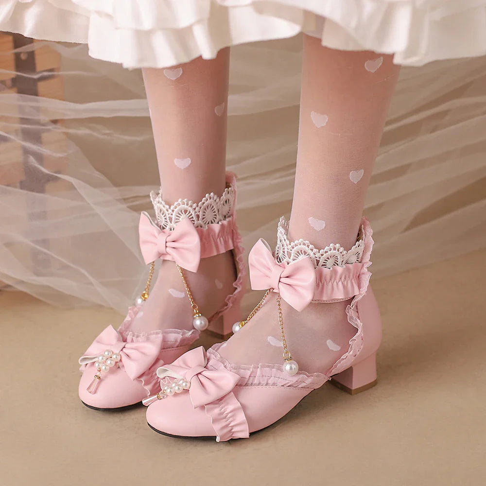 Futurecen Classic Bow Lolita Shoes Sweet Lace back zipper Ankle Strap Spike Heel Pumps Female Cosplay Party Ruffles Princess High Heels