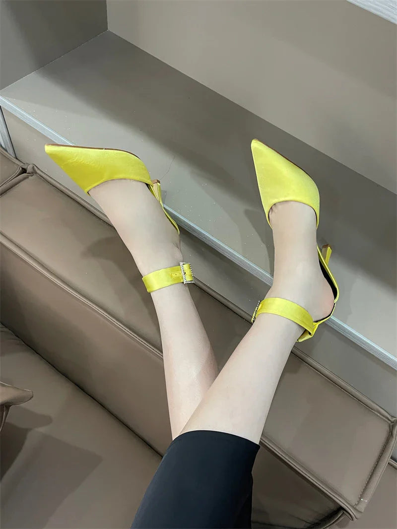 Futurecen  -  Women Pumps Satin Silk Ankle Strap Heels D'orsay Stilettos Yellow Purple Office Lady Work Prom Shoes Plus Size 41