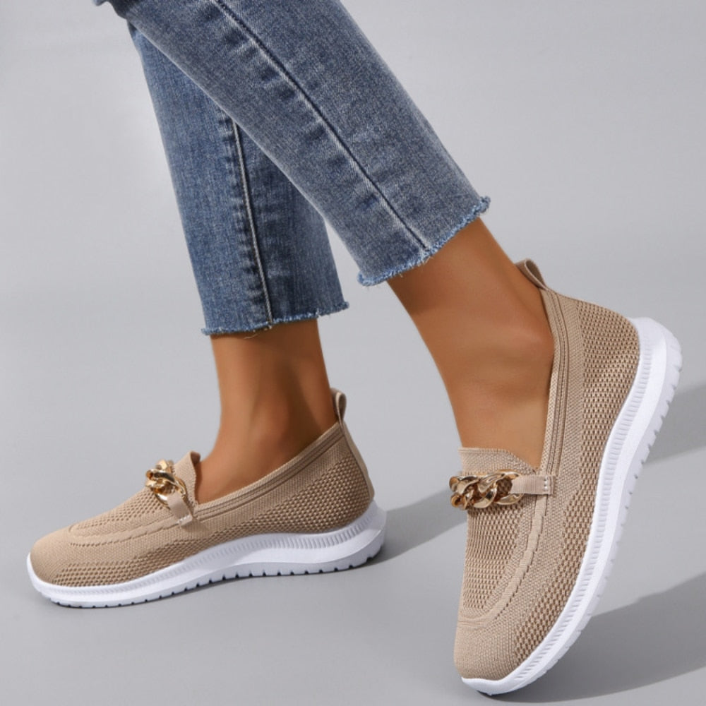 Women's Chain Flats for Women Round Toe Slip on Casual Shoes Fabric Flats Breathable Comfy Walking Shoes white sneakers women