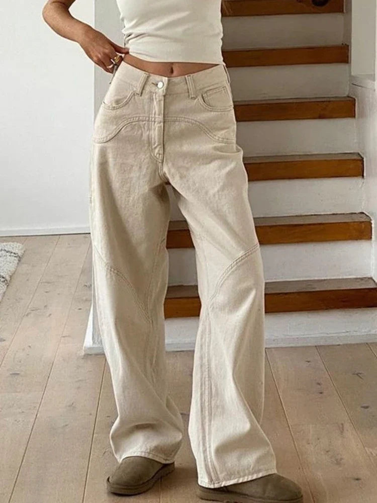 binfenxie Beige Jeans Baggy Women Casual Denim Trousers Vintage High Waist Wide Leg Pants Classic Streetwear Fashion Autumn Ladies