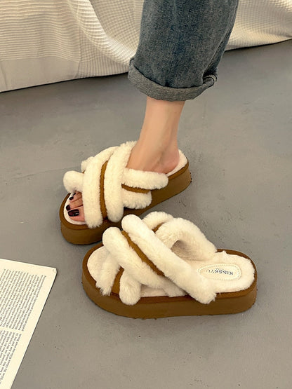 Slippers Casual Shoes Flock Platform Med Slipers Women Fur Flip Flops Slides Luxury Flat Plush PU Rubber Basic Fur Shoes Wo