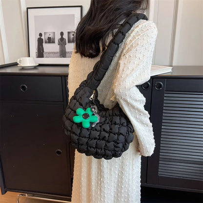 binfenxie Plaid Quilted Crossbody Bags for Women Korean Bubble Embroidered Shoulder Bags Ruched Solid Satchel Underarm Bag with Pendant