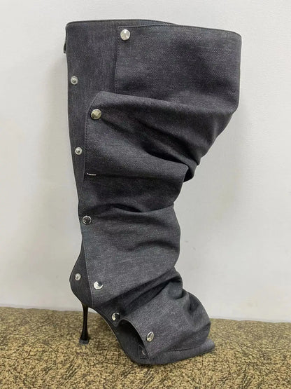 High Heel Long Boots for Women High Botte Winter Boots Shoes for Botas Mujer Thin Heeled Pointed Denim Boots Metal Button Shoes