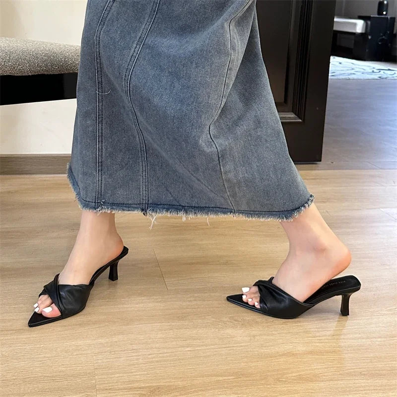 binfenxie Fashion Design Pleated Pointed Toe Women Slippers Elegant Thin Low Heels Summer Female Slide Shoes