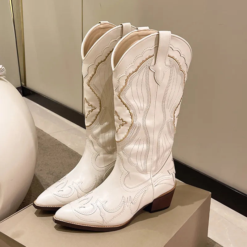 White Cowboy Boots for Women Embroidery Pointed Toe Mid Calf Botas Female Slip On Thick Heels Cowgirl Boots Woman 42