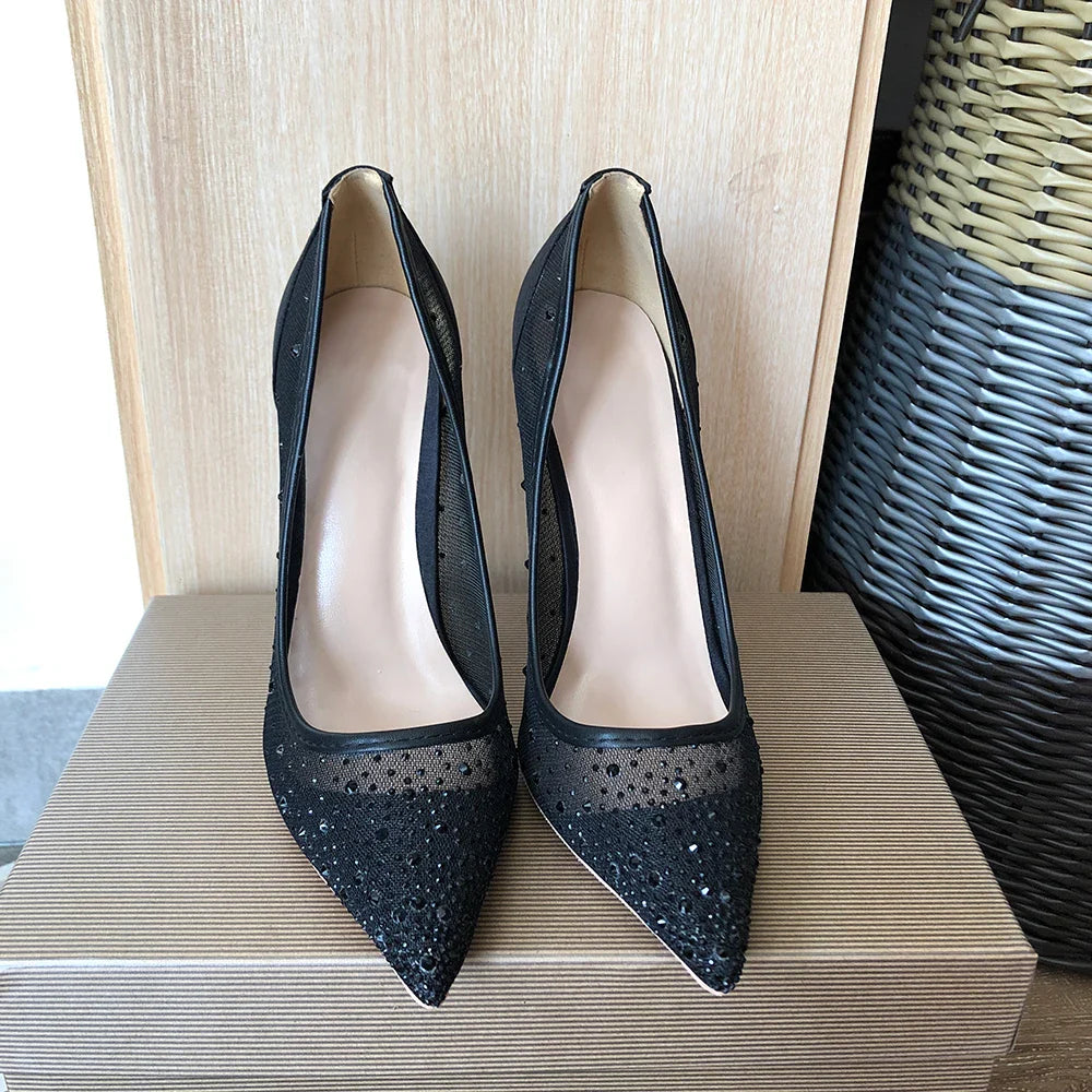 Futurecen Black Mesh Rhinestones Women Satin Gauze Pointy Toe Stiletto Pumps 8cm 10cm 12cm High Heel Elegant Shoes for Summer