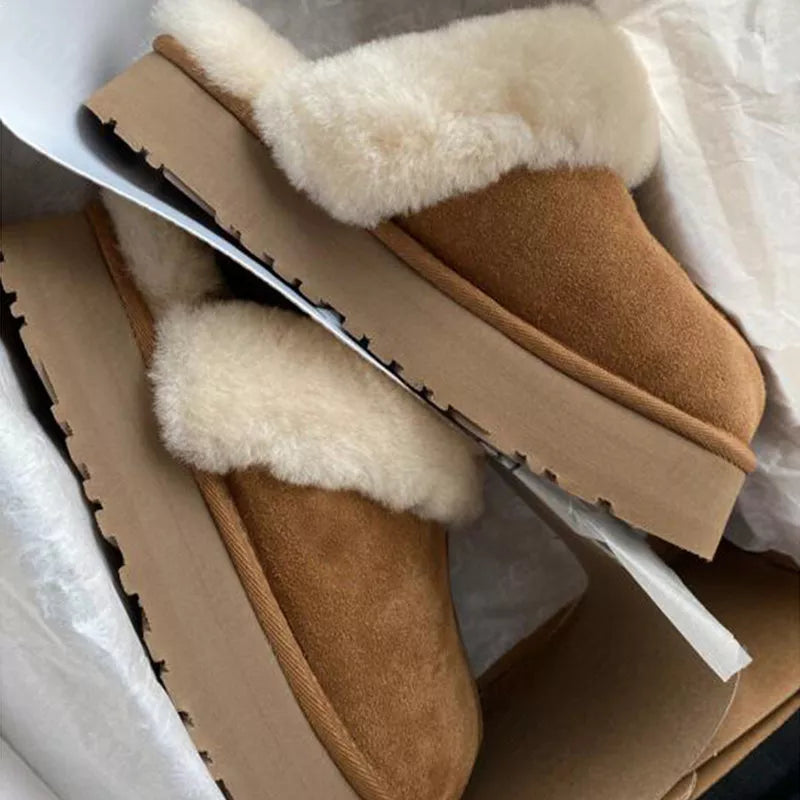 Winter Women Fur Slippers Warm Boots Platform Flip Flops  New Short Plush Flats Home Cotton Shoes Suede Mules Ladies Boots