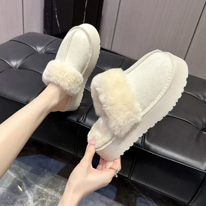 Shoes Woman Plush Slippers For Adults Low Pantofle Platform Fur Flat New Hoof Heels Cotton Fabric Rubber Rome Basic Slides