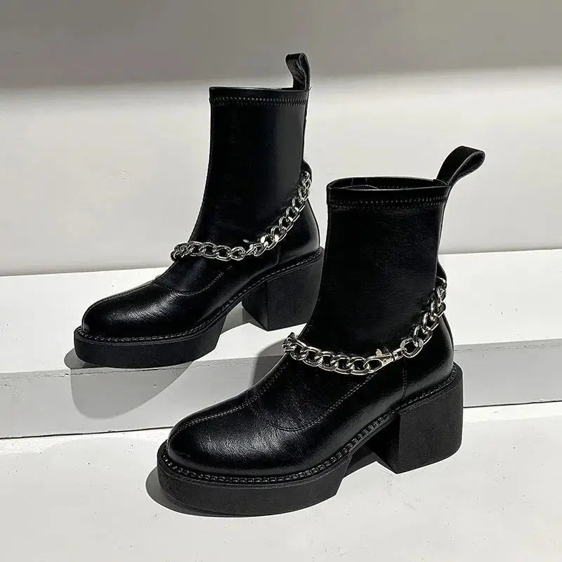 Women's Ankle Boots Black Short Shoes for Woman Platform Booties Elegant with Medium Heels Footwear Punk Style Chunky Combat Pu