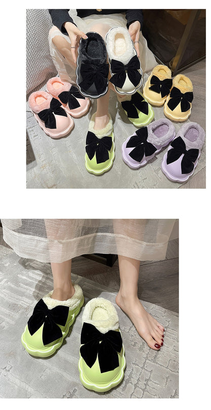 Med Fur Shoes Slippers Casual Slides Cover Toe Platform Slipers Women Butterfly-Knot Plush Luxury Flat 2022 Rome PU Fabric Fashi