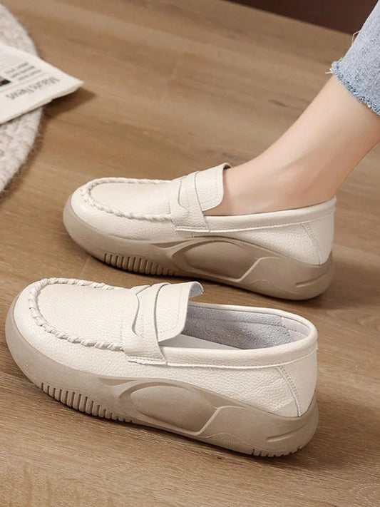 Woman Footwear Low Leather High on Platform Shoes for Women Loafers White Casual Daily Routine Autumn Offer Korean Fashion