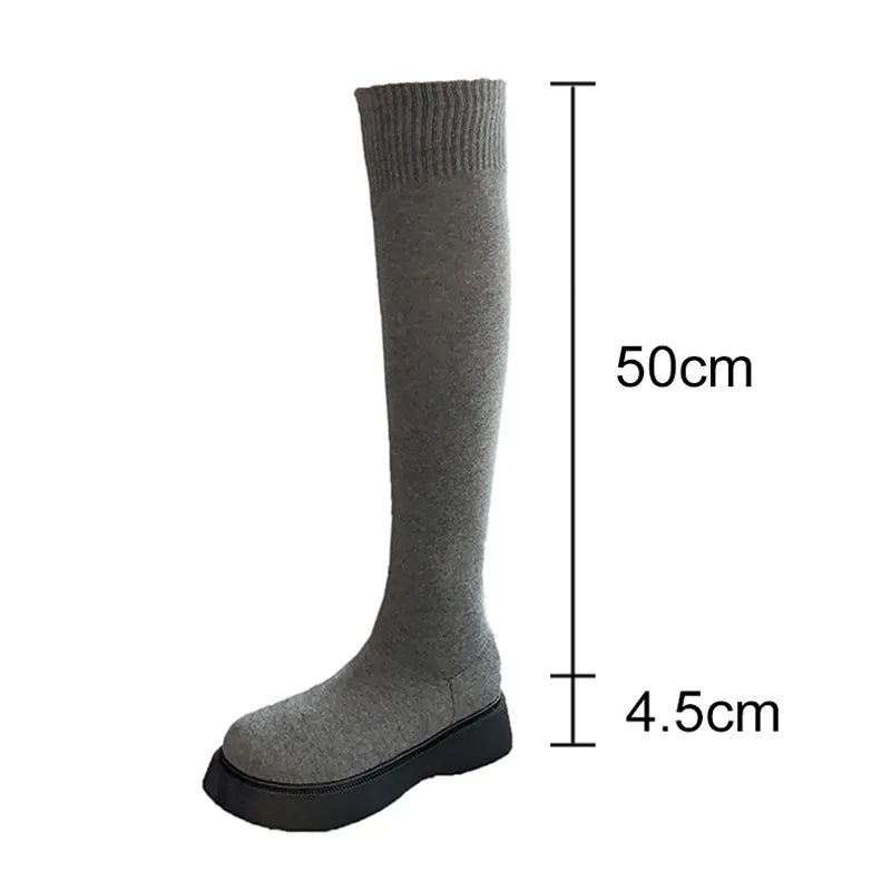 Autumn Winter Women Platform Over The Knee Boots Ladies Stretch Knitted Socks Long Boots Slip-On Thick Bottom Shoes Woman