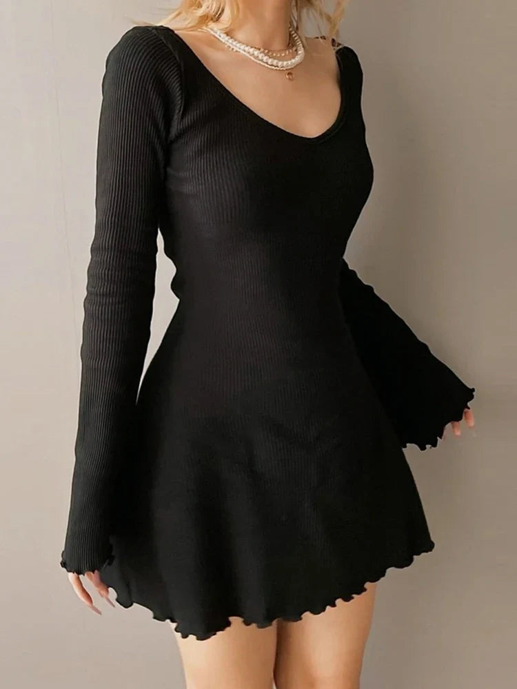 binfenxie Elegant Solid Knitted Dresses Fashion Women Black Bodycon Autumn Winter Long Sleeve Mini Dress Retro vestido feminino