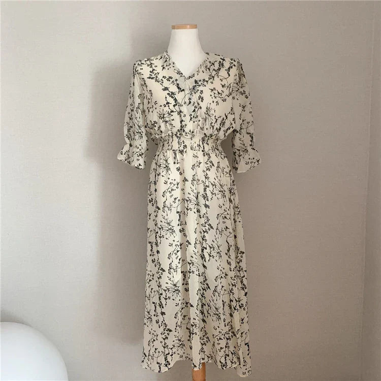 binfenxie Vintage Korea Fashion Clothing Summer Slim Elastic Waist A Line V Neck Elegant Office Lady Floral Chic Chiffon Long Dress Retro