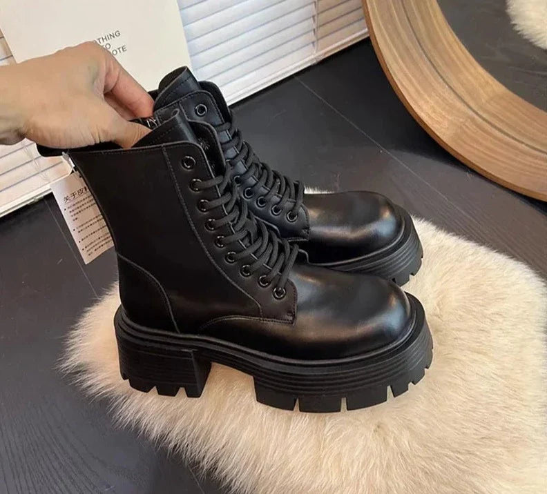 High Platform Women's Motorcycle Boot for Winter Fashion Lace Up Square Heel Short Booties Autumn Girl's Shoes