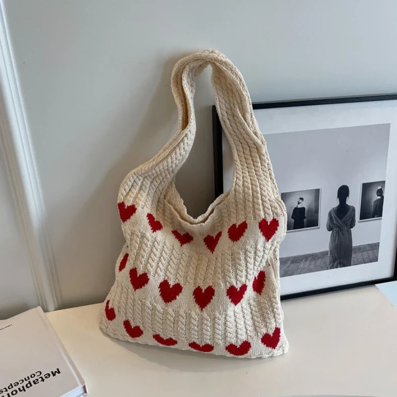 binfenxie Large Capacity Fashion Women Shoulder Bag Woven Heart Casual Simple Handbag Harajuku Style Fresh High Quality Shopping Bag