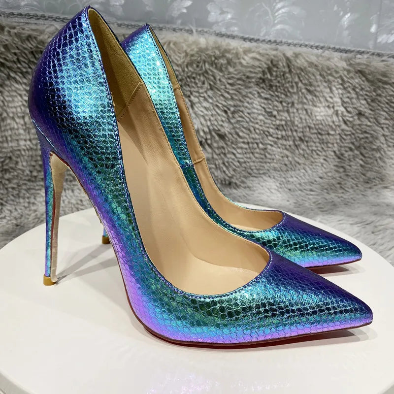 Futurecen Shiny Blue Snakeskin Pattern Women Sexy Pointed Toe Slip On Stiletto Pumps Sparkly Party Night Club High Heel Shoes