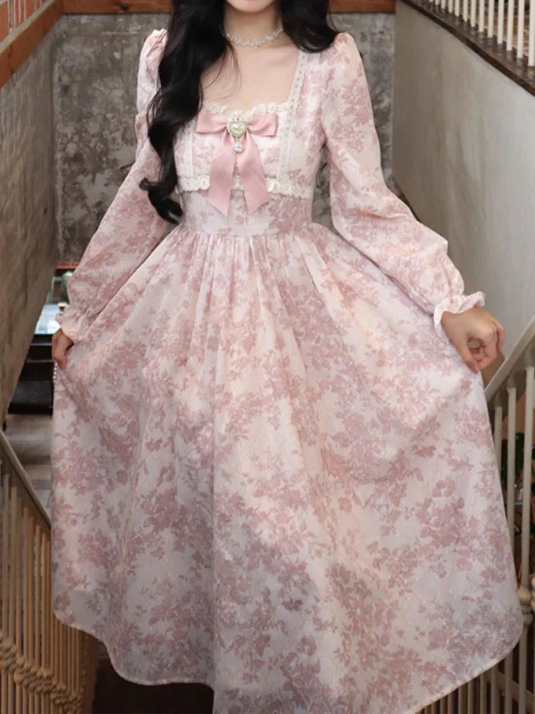 binfenxie Sweet Pink Princess Dress Women Vintage Floral Print Puff Sleeve Dress Female French Style Elegant Kawaii Lace Bow Long Dresses