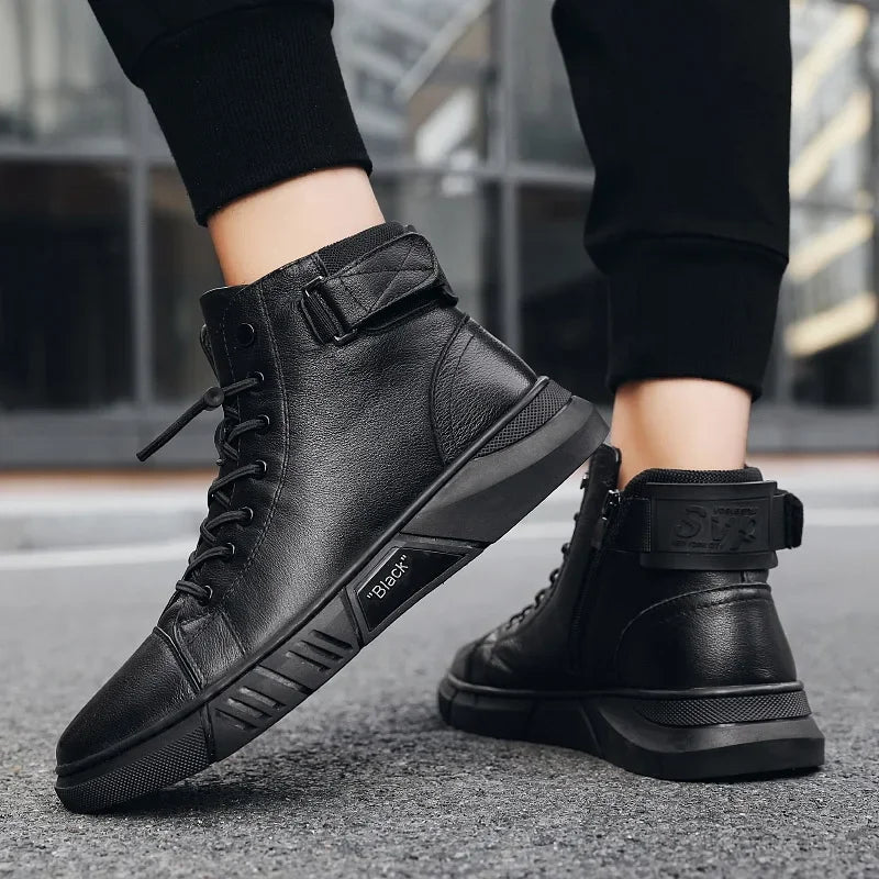 Autumn Winter Fashion Men's Ankle Boots PU Leather High Quality Comfortable Black Leather Platform Casual Shoes