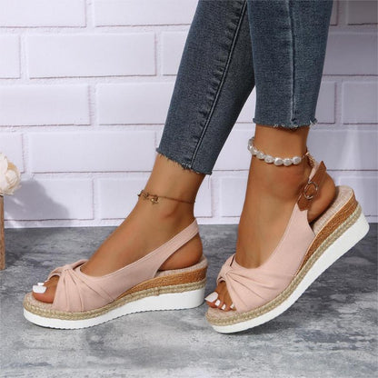 Summer Fashion Women Sandals Peep Toes Thick Sole Sloping Heels Comfortable Casual Shoes For Women Solid Buckle Bow Flat  Shoe