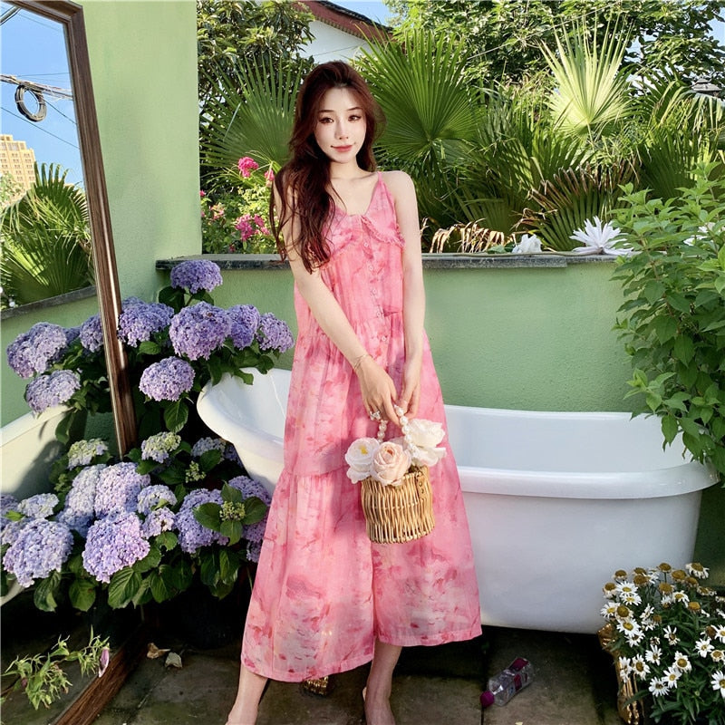 Summer Floral Strap Dress Women Elegant Pink Backless Long Formal Slip Dresses for Wedding Guest Bridesmaid Birthday Prom