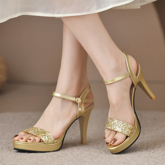 Gold Silver Glitter High Heel Sandals for Women Summer Ankle Strap Platform Pumps Woman Sexy Stiletto Heeled Party Shoes