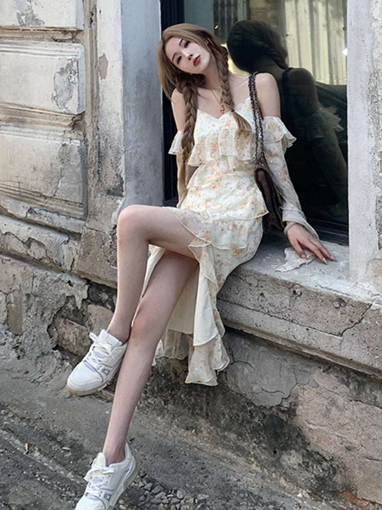 Floral Dress Sweet Travel Temperament Fairy Dresses Chiffon Ruffles Street Korean Fashion Summer Straps Female Clothing