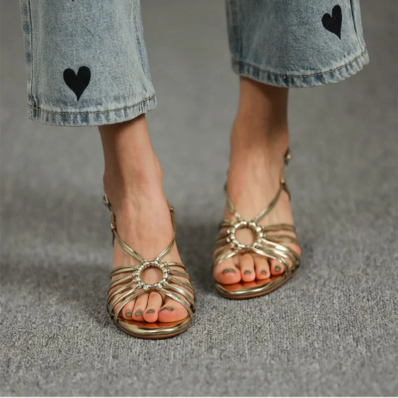 binfenxie Female Retro Sandals Buckle Strap Vintage Summer Gold Shoes For Women French Style Women Sandals Microfiber Ladies Shoes