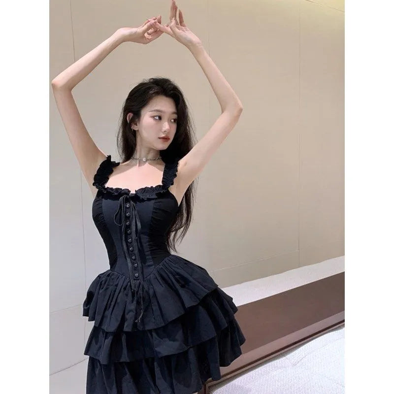 binfenxie Gothic Goth Harajuku Sexy Slip Dress Ruffles Y2k Streetwear Dark Punk Cake Dresses Party Korean Fashion 2023 Summer