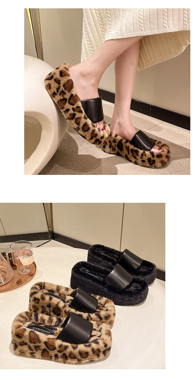 Shoes Slippers Flat Platform Women Heels Fur Flip Flops Slides On A Wedge Pantofle High Plush Soft 2022 Leopard Rome PU Fabric l