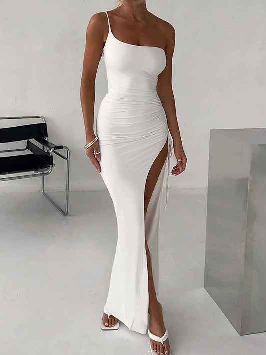 One Shoulder Strap Thigh High Split Maxi Dress For Women Robe Sleeveless Backless Bodycon Sexy Club Party Long Dress