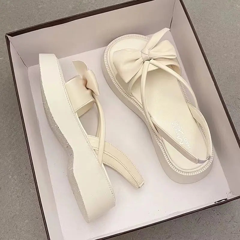 Women's Shoes Beach Sandals for Woman with Medium Heels Footwear Round Toe Tip Summer Platform Bow Beige Sale on Offer H F