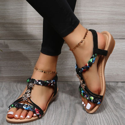 Women Wedges Bohemian Sandals Summer Flower Non Slip Beach Sandalias Mujer Elastic Band Low Heels Roman Shoes Woman