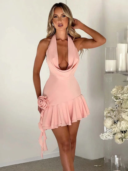 Halter 3D Flower Backless Sexy Mini Dress For Women Fashion V Neck Sleeveless Ruffls Club Party Dress Elegant