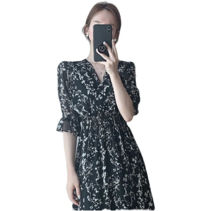 binfenxie Vintage Korea Fashion Clothing Summer Slim Elastic Waist A Line V Neck Elegant Office Lady Floral Chic Chiffon Long Dress Retro