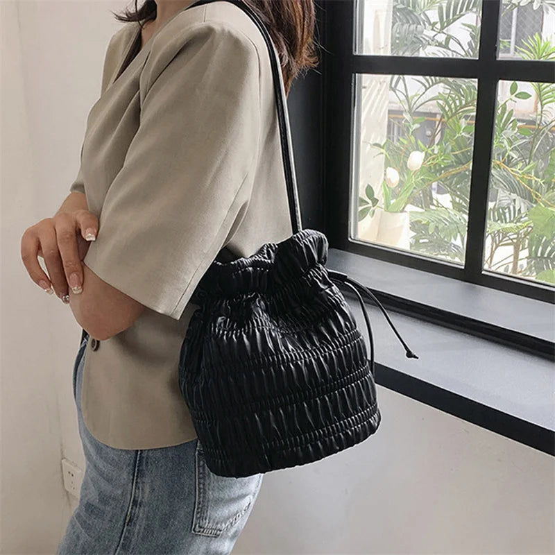 binfenxie Silver Black White Khkai Pink Pleated Women's Bucket Shaped Underarm Bag PU Leather Drawstring Handbags Sewing Y2K Soft Crossbod