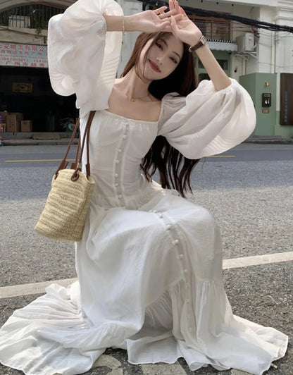 Women Vintage Square Collar White Dress for Autumn New Single Breasted Lantern Sleeved Robe France Elegant Party Vestidos