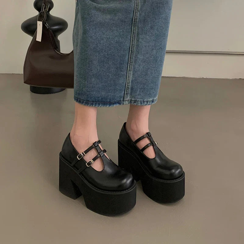 Futurecen Buckle Platform Lolita Gothic Shoes Woman Spring College Style Genuine Leather Pumps Women Japan School Uniform Shoes Thick Heel