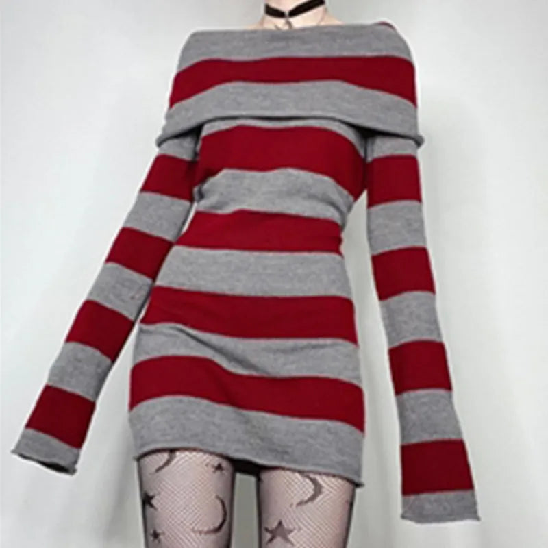 binfenxie Y2K Striped Sweater Mini Dress Mall Goth Grunge Emo Bodycon Chic Women Off Shoulder Full Sleeve Slim Fit Dresses 00s Vintage