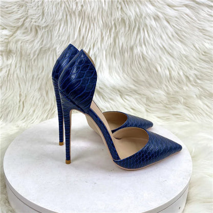 Futurecen Navy Blue Cro-Effect Women Pointed Toe Stiletto Pumps Comfortable Sexy Ladies Party Show Dress High Heel Shoes