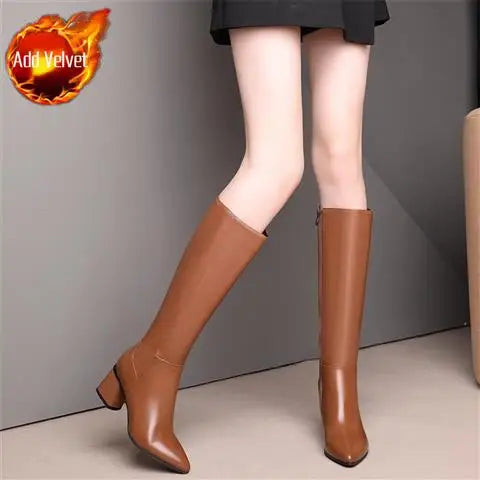 Shoes for Woman Long Winter Knee High Shaft Footwear Leather Women's Boots Fur Brown Pointed Toe Chic and Elegant Fashion