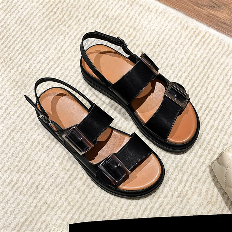 Meotina Women Genuine Leather Sandals Round Toe Flat Platform Slippers Ladies Summer Slides Fashion Buckle Beach Shoes Beige 40