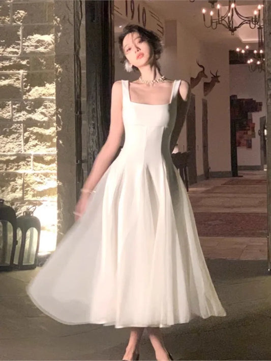 Summer New Women French Elegant Ruffles Evening Party White Dresses Square Neck Princess Birthday Midi Vestidos Dance Costume