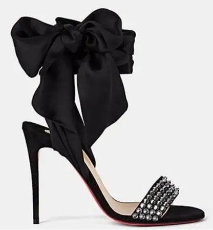 Black Purple Crystal Spike Ankle Lace Up Bow Tie Thin High Heel Runway Fashion Women Dress Shoes Open Toe Stiletto Heel Sandals