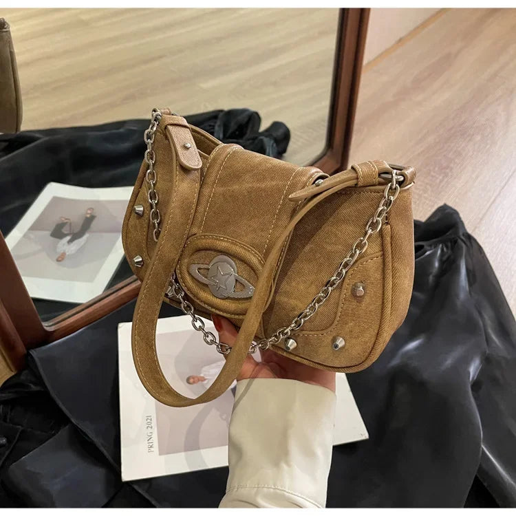 binfenxie Y2k Chains Women Shoulder Bag Vintage Gothic Aesthetic Designer Leather Crossbody Bag Casual Luxury Fashion Female Handbag