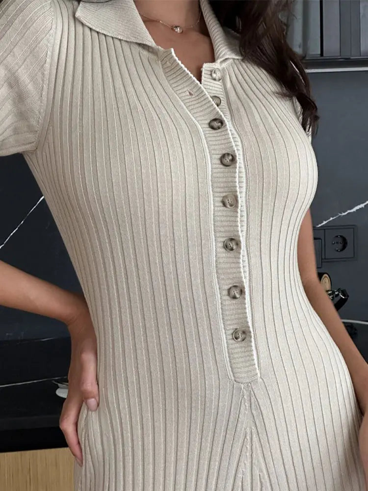 Elegant Solid Buttons Knitted Maxi Dress Women Slim Lapel Short Sleeve Ribbed Dresses Summer Female Chic Streetwear Robe