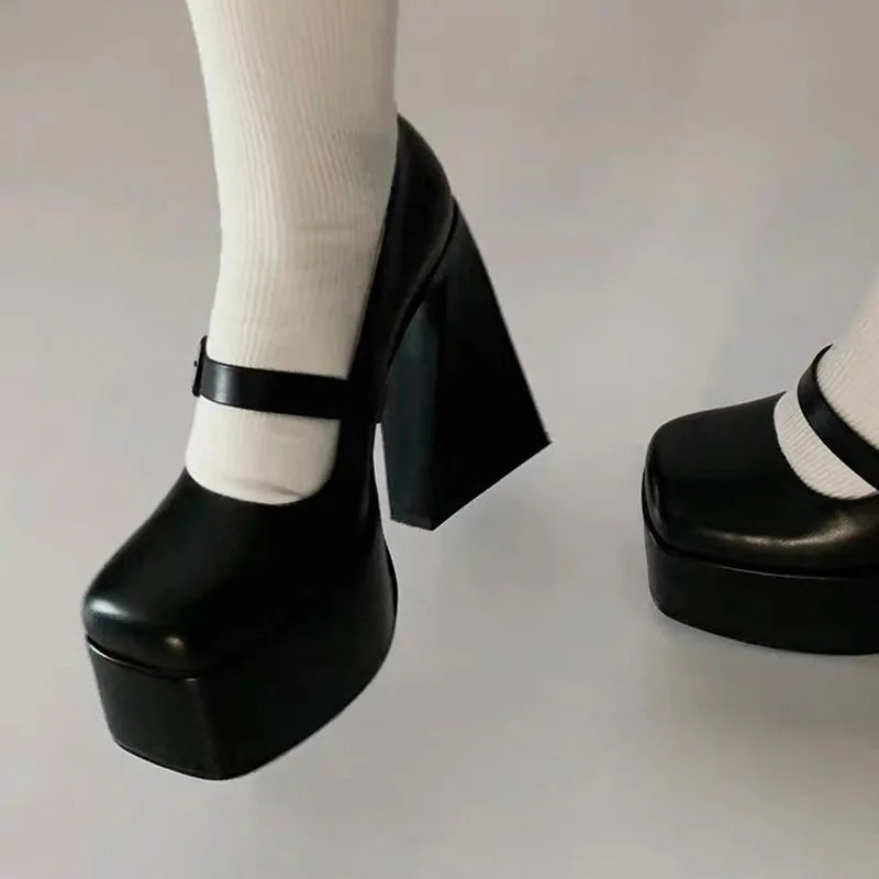 Futurecen  -  Spring New Women Mary Jane Pumps Ladies Platform Chunky High Heel Black Shoes Female Retro Elegant Dress Shoes Mujer Zapatos